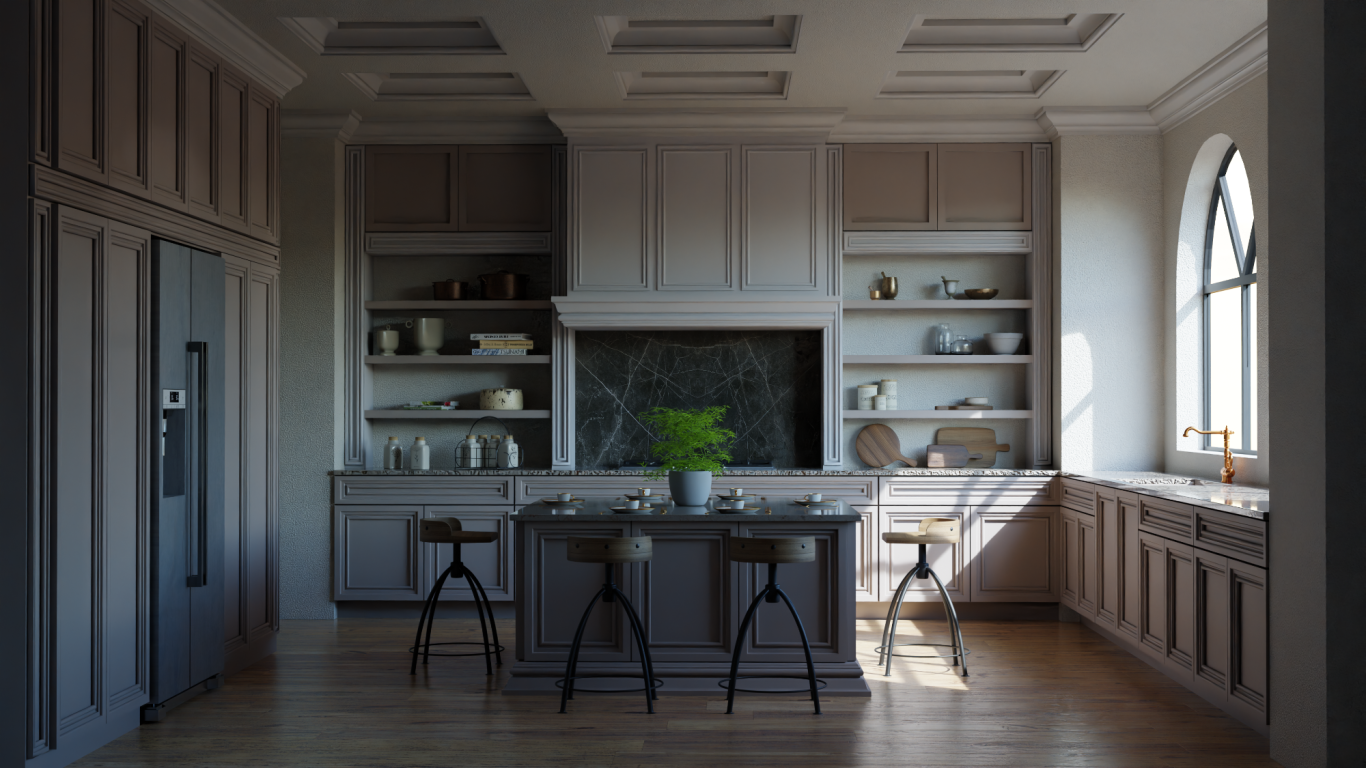 Modern kitchen with grey cabinetry, a central island, and ample natural light.