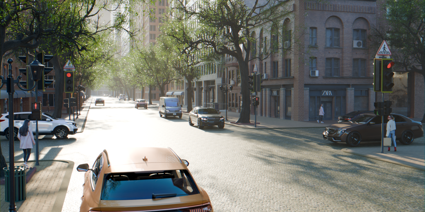Busy street scene with cars and pedestrians, lined with trees and shops in the background.