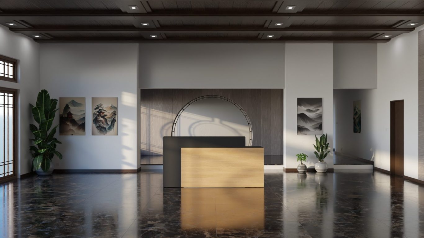 Modern kitchen with grey cabinetry, a central island, and ample natural light.