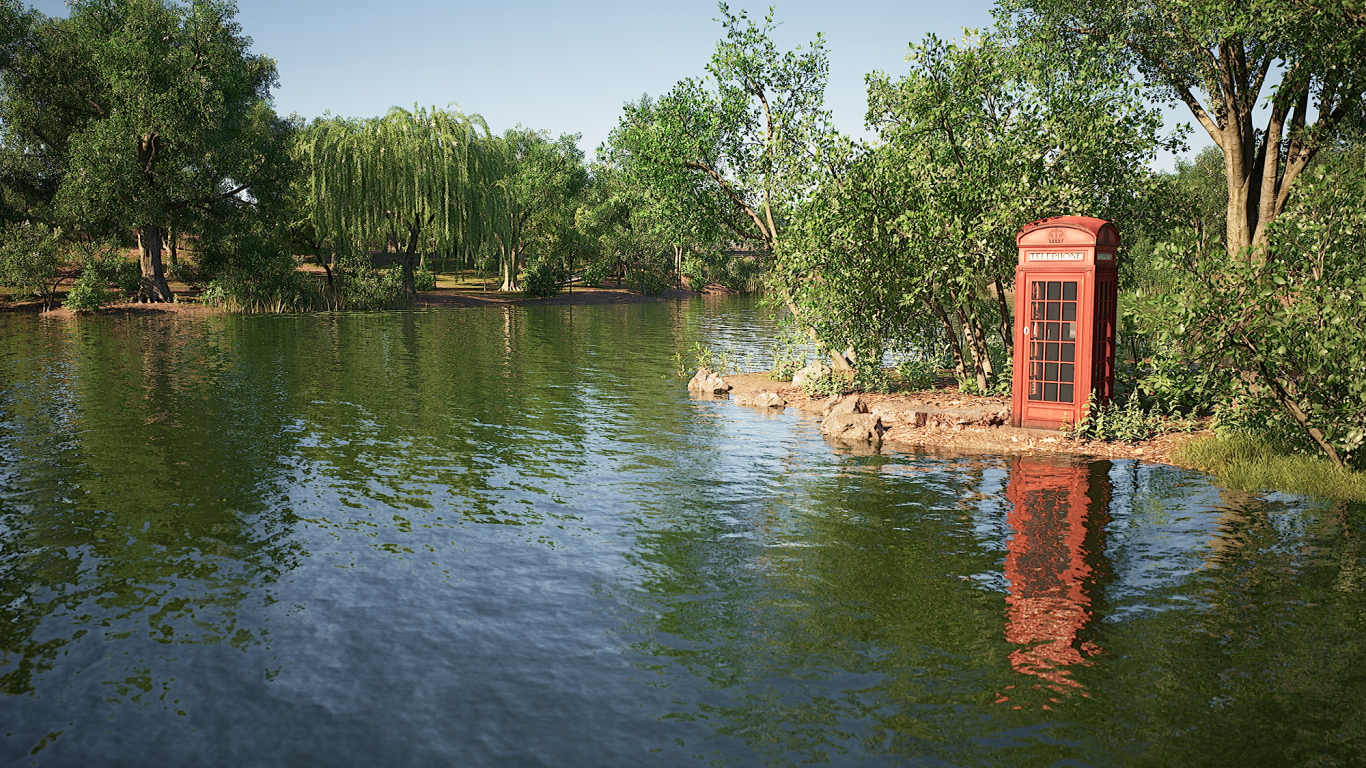 A red telephone box beside a tranquil river surrounded by trees.