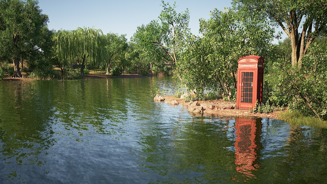 A red telephone box beside a tranquil river surrounded by trees.