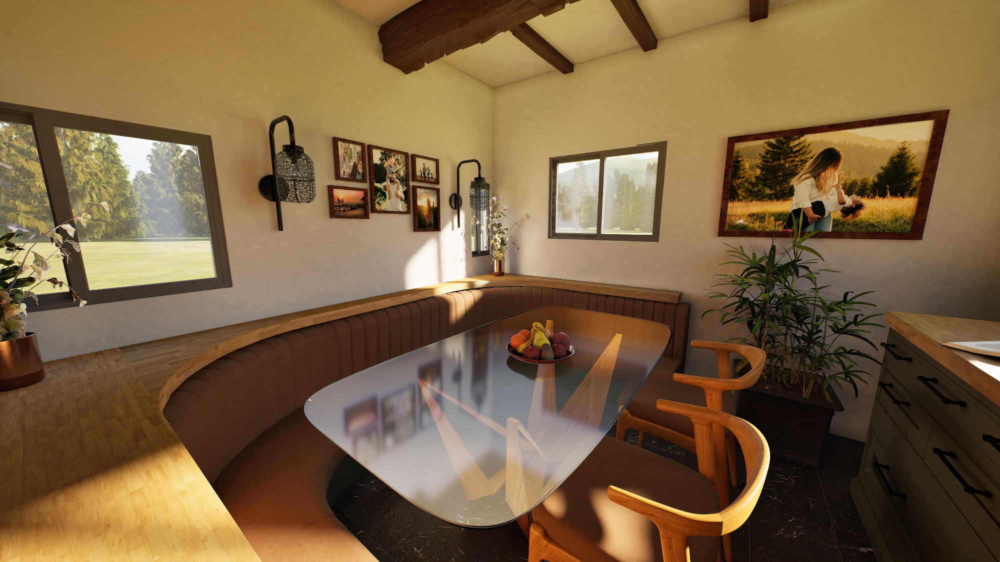 Spacious, modern bedroom with natural light, a large bed, and wooden beams.