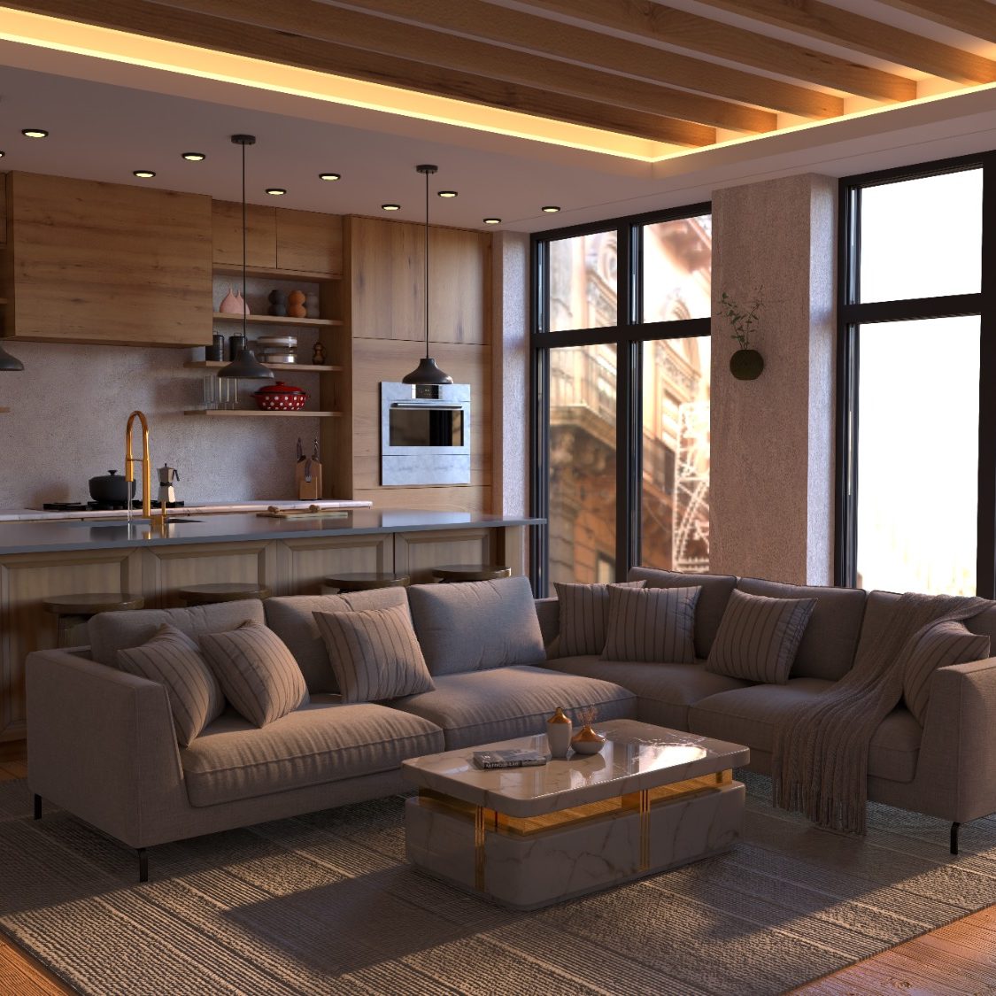 Bright, modern interior with a glass table and minimalist chairs, framed by light walls.