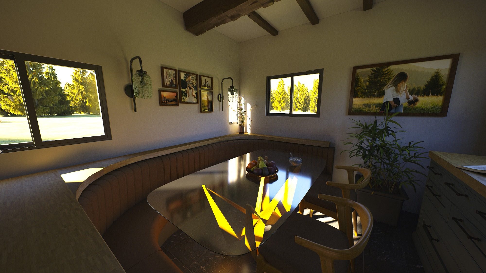 Spacious, modern bedroom with natural light, a large bed, and wooden beams.